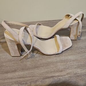 Ann Taylor Cream Suede Feel Leather Block Heel Sandals